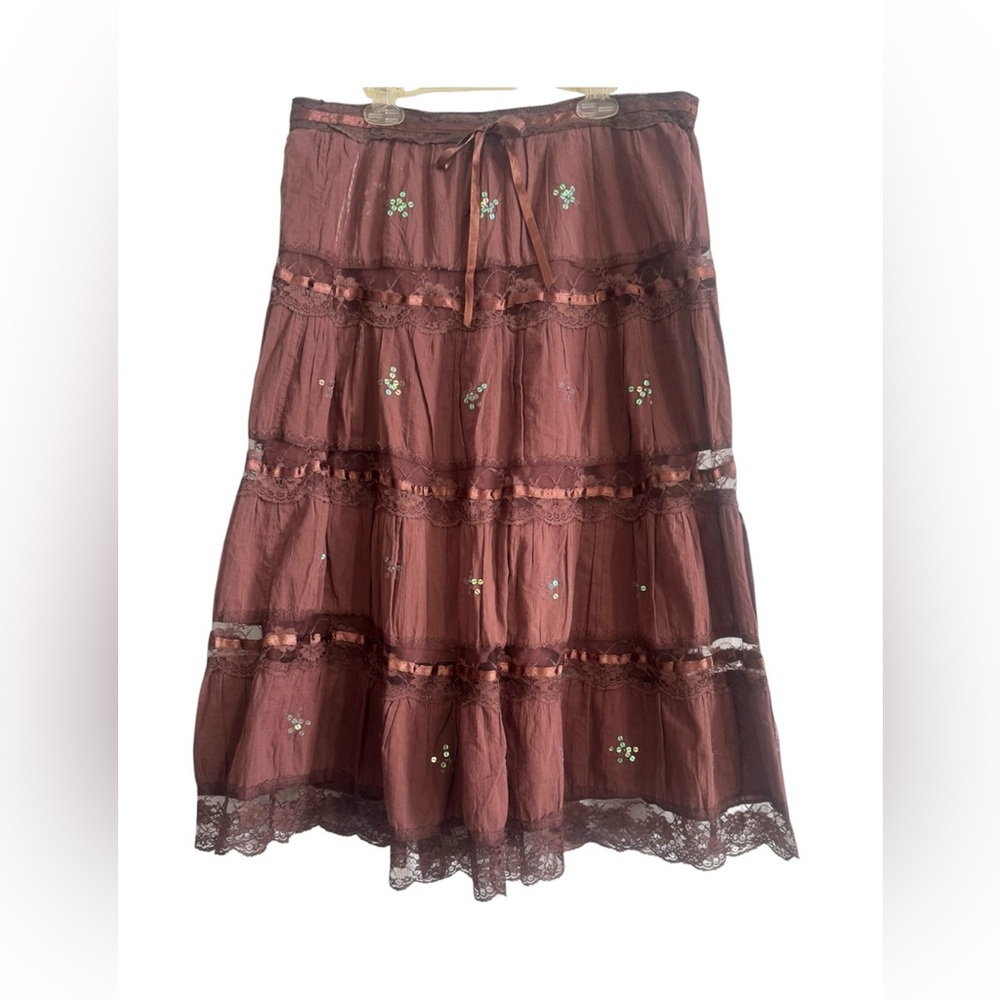MOA VTG Brown Midi Skirt Embroidered Lace Ribbon Sequin A-Line L Y2k fairycore